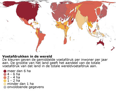 Wereldkaart van de voetafdruk per land